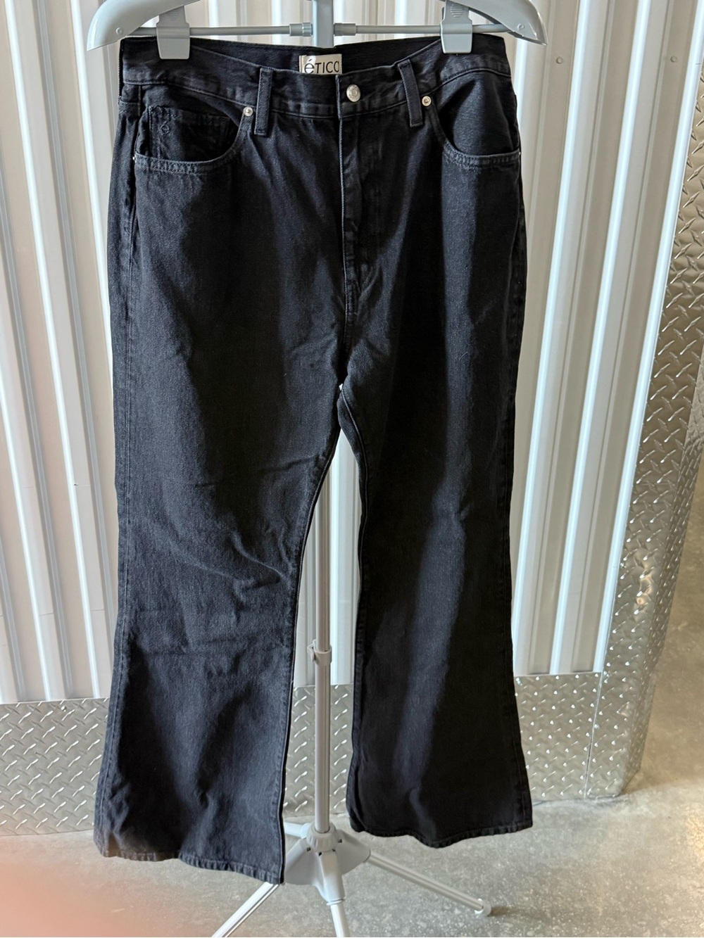 ETICA Nina High Rise Flare Jeans, Black Creek, size 32